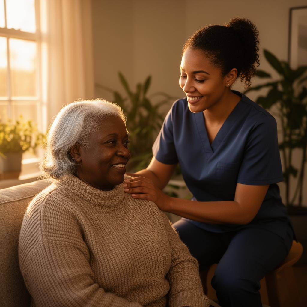 A caregiver gently helping an elderly woman in a warm, sunlit living room
